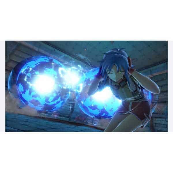 Anime character with blue hair using magic against glowing orbs in a dungeon.