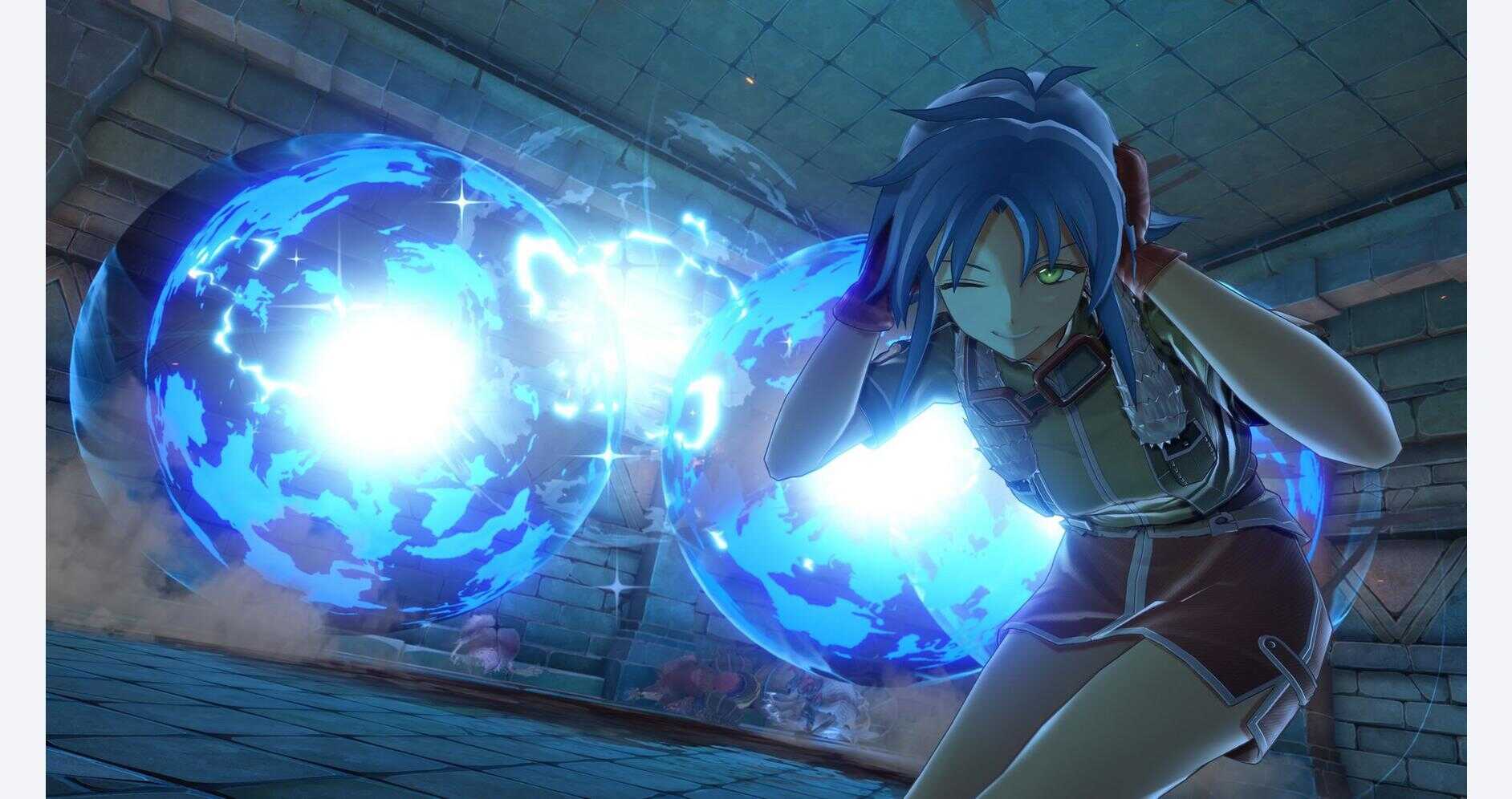 Anime character with blue hair using magic against glowing orbs in a dungeon.