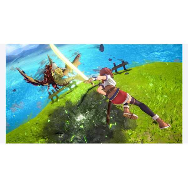 Young female warrior fighting a dragon in a vibrant landscape.