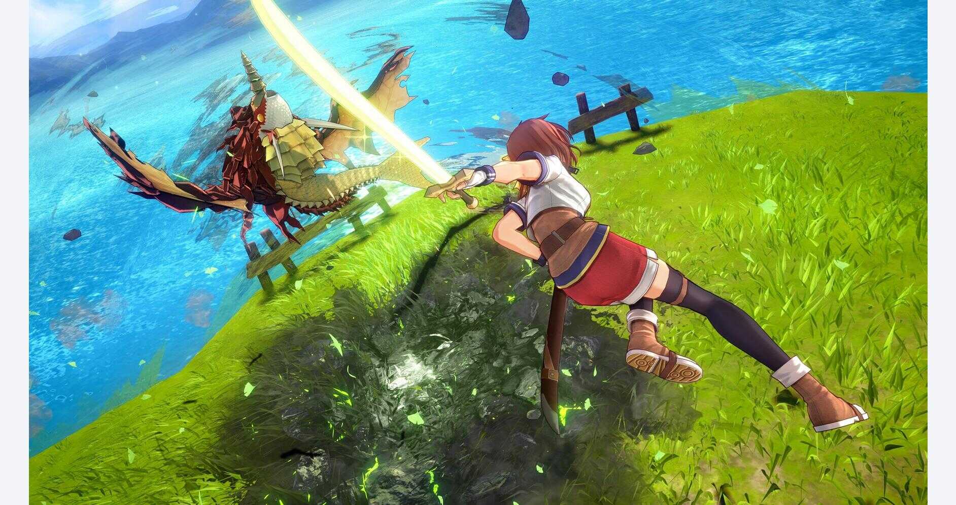 Epic battle scene from Trails in the Sky 2nd Chapter featuring a young heroine and a dragon. Young female warrior fighting a dragon in a vibrant landscape.