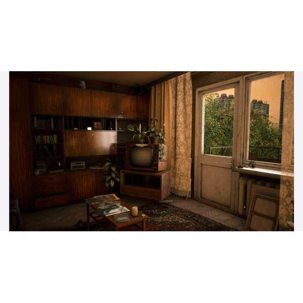 Cozy vintage living room with large windows, wooden furniture, and indoor plants.