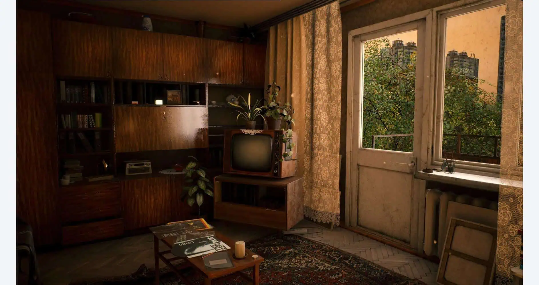 Cozy vintage living room with large windows, wooden furniture, and indoor plants.