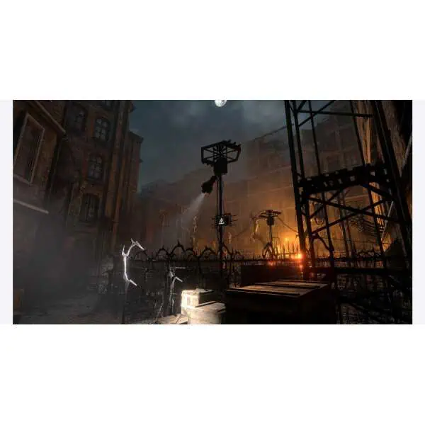 Nighttime city scene with industrial structures and gothic architecture under moonlight.