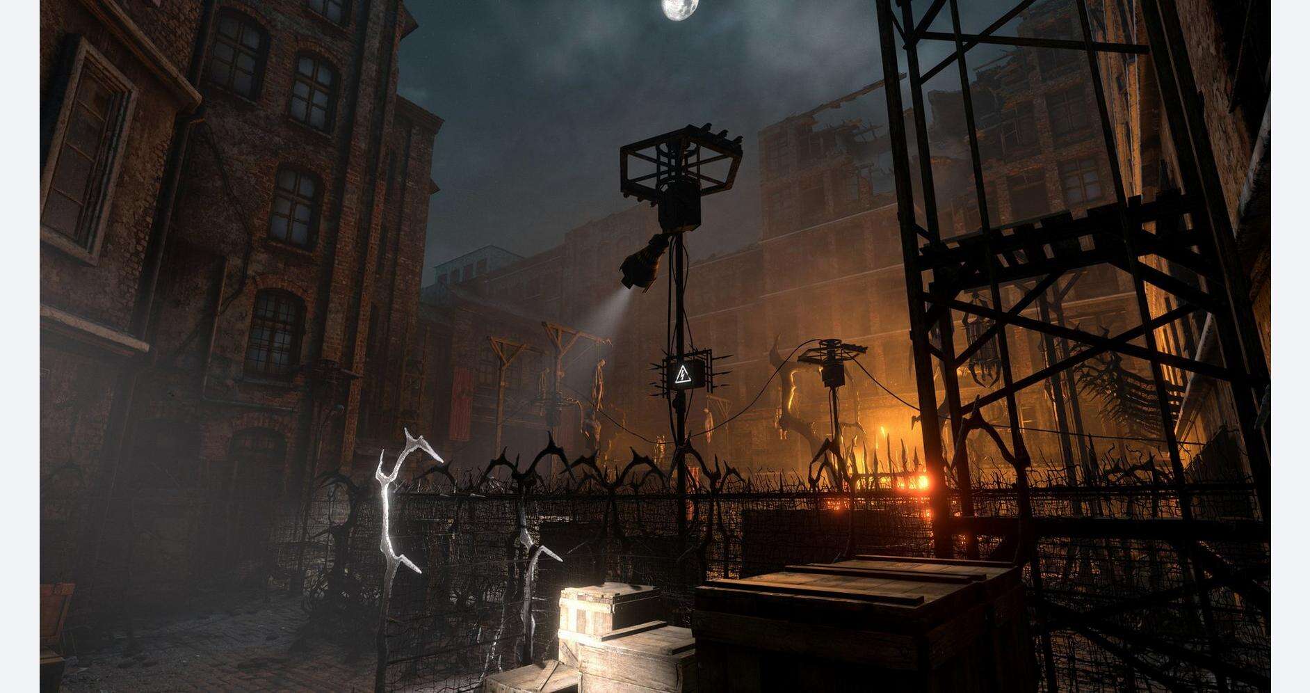 Nighttime city scene with industrial structures and gothic architecture under moonlight.