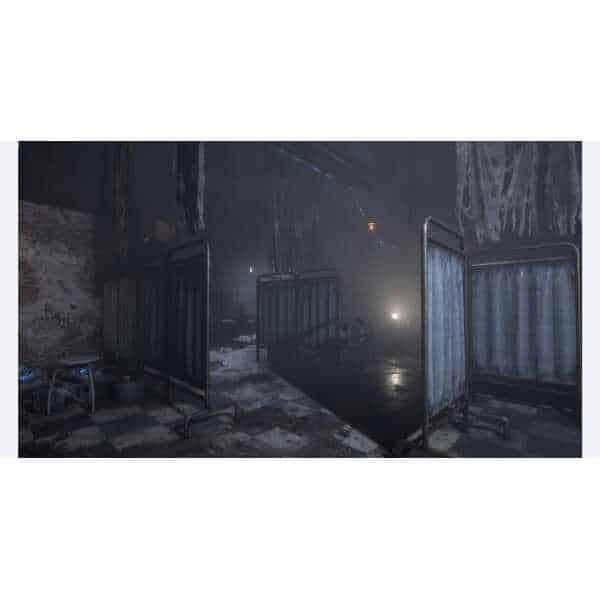 Dark, eerie hospital room with empty beds and fog, creating a haunting atmosphere.