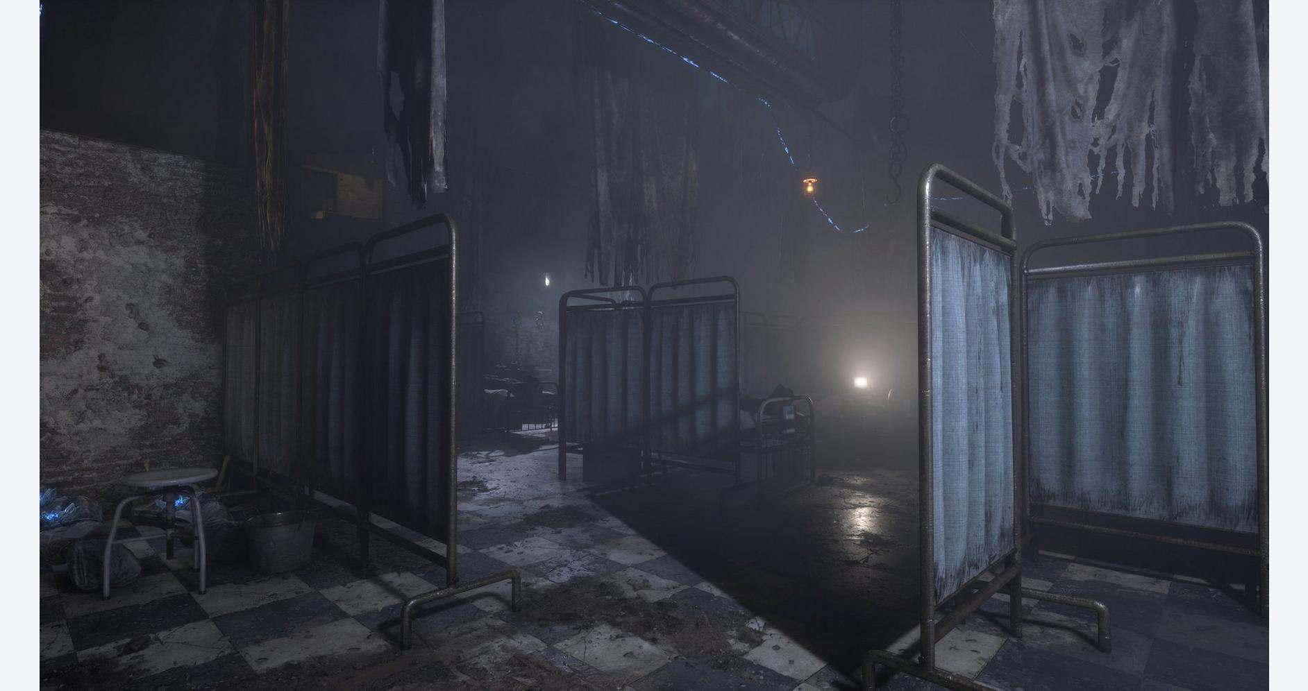 Dark, eerie hospital room with empty beds and fog, creating a haunting atmosphere.