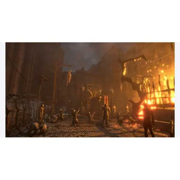 Post-apocalyptic street scene with fire, chaos, and survivors in a destroyed city.