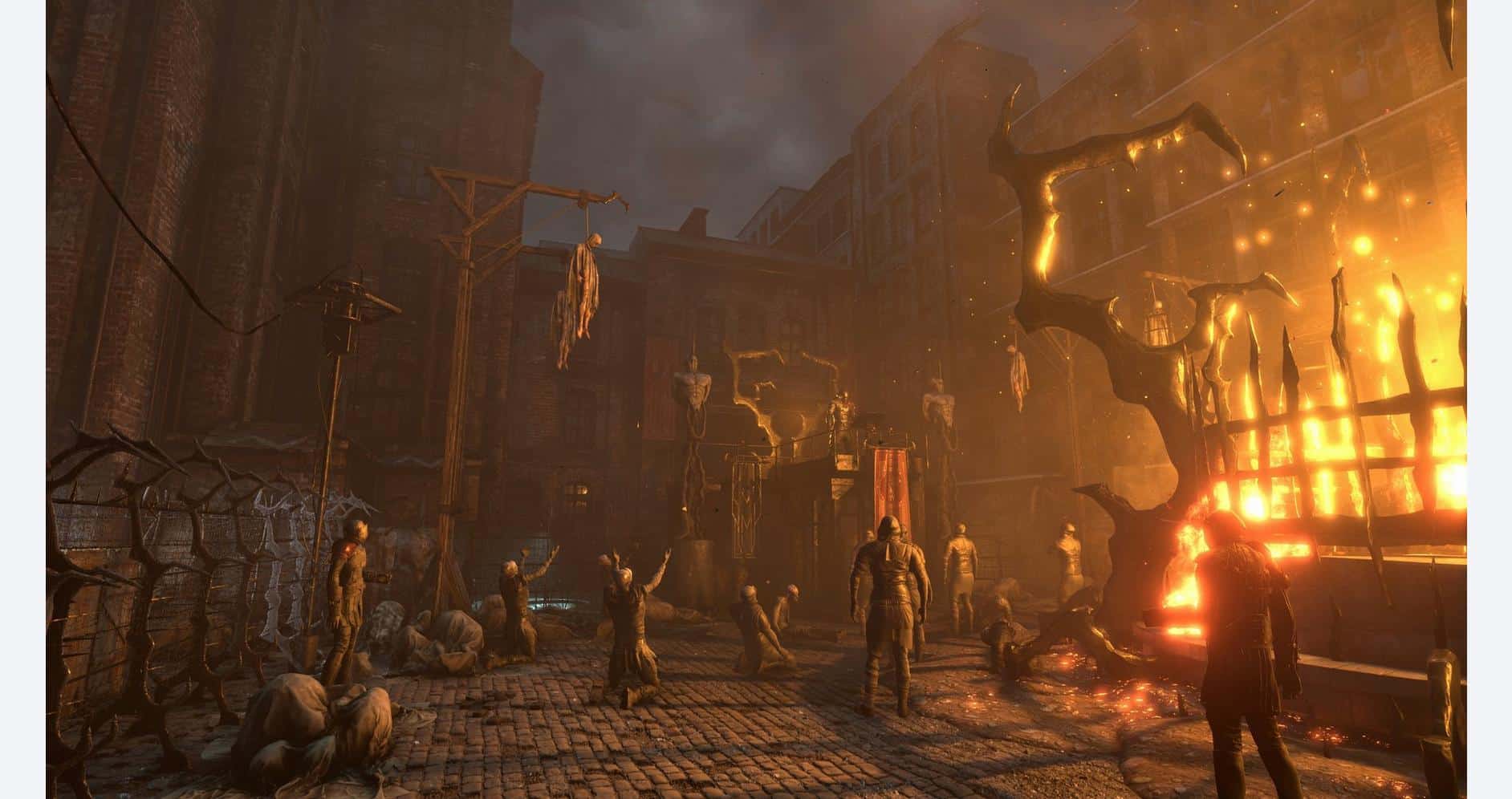 Post-apocalyptic street scene with fire, chaos, and survivors in a destroyed city.
