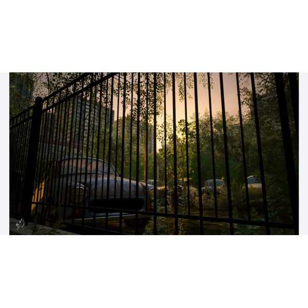 Dark, eerie forest gate with overgrown trees and abandoned cars at sunset.