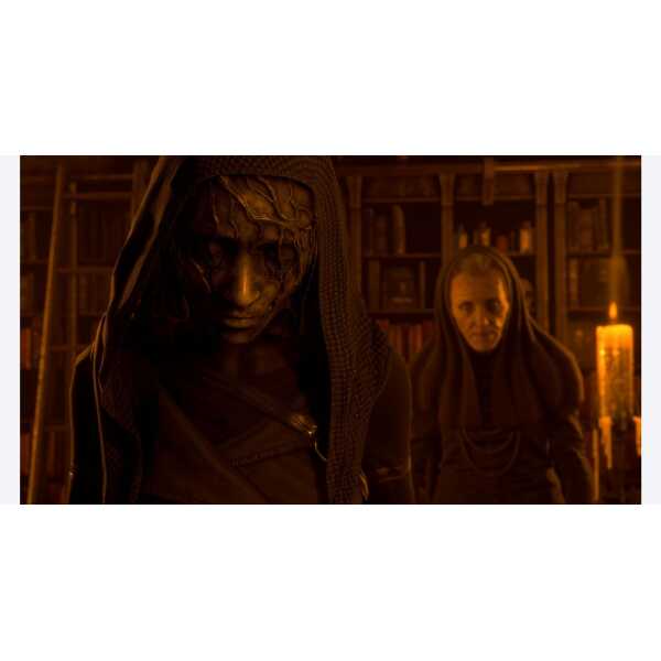 Two sinister characters in dark robes with eerie expressions in a dimly lit library.
