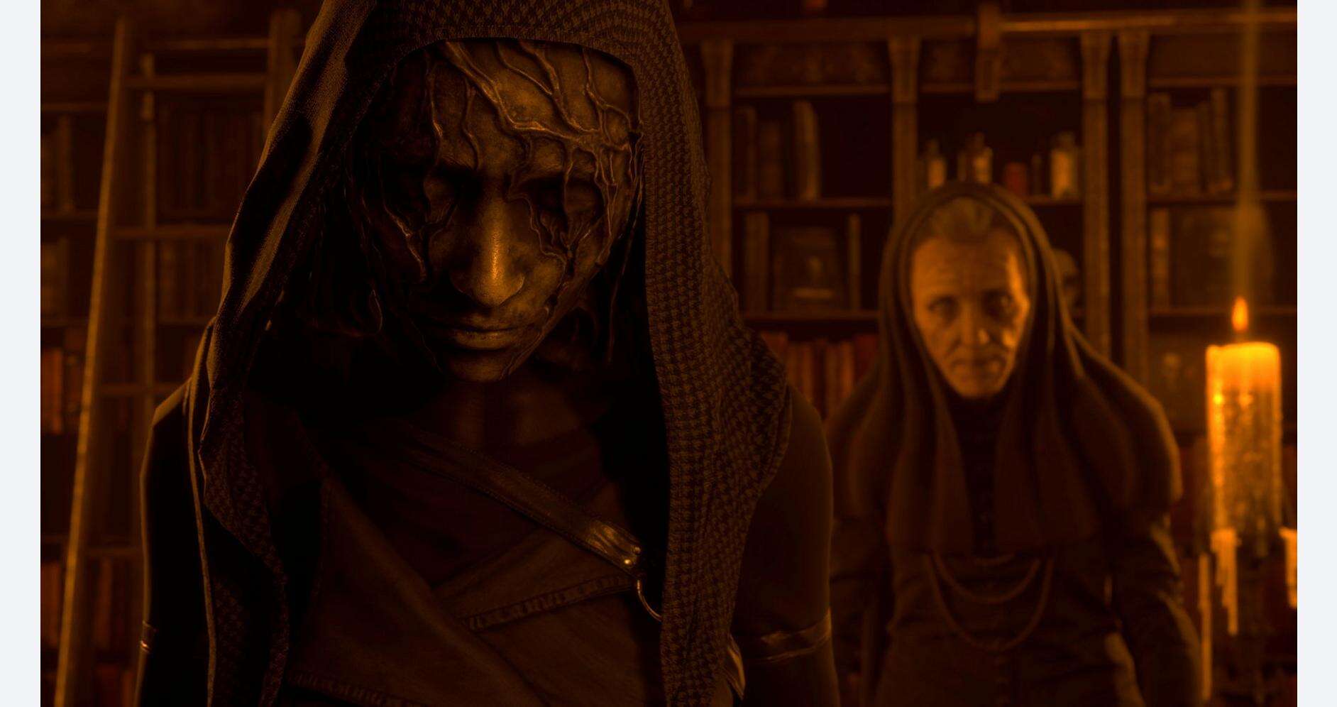 Two sinister characters in dark robes with eerie expressions in a dimly lit library.