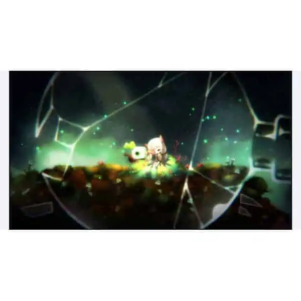 A lush, fantasy-themed game scene featuring a character with a glowing green environment and shatter.