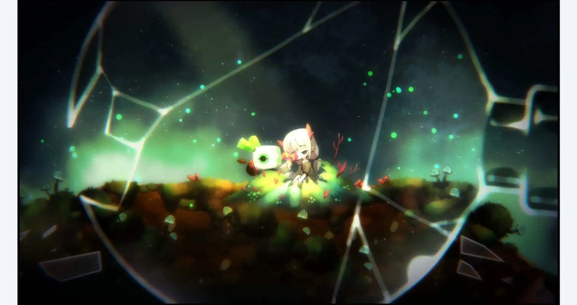 A lush, fantasy-themed game scene featuring a character with a glowing green environment and shatter.