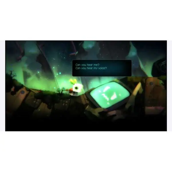 A mysterious green alien creature communicating with a robot in a vibrant, sci-fi landscape.