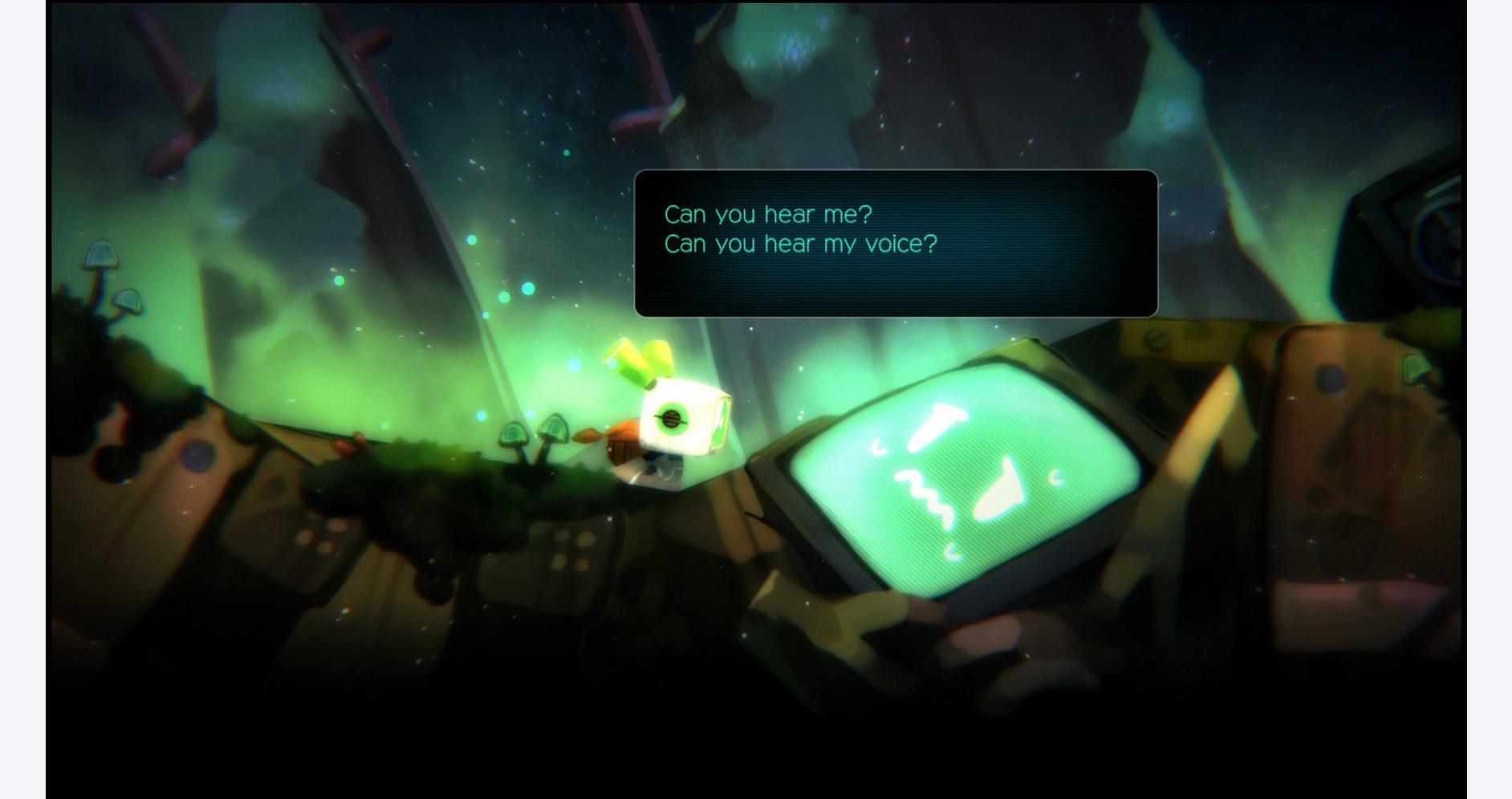 A mysterious green alien creature communicating with a robot in a vibrant, sci-fi landscape.