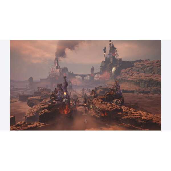 Ancient fortress on volcanic landscape with fiery lava and rugged terrain, showcasing a fantasy game.
