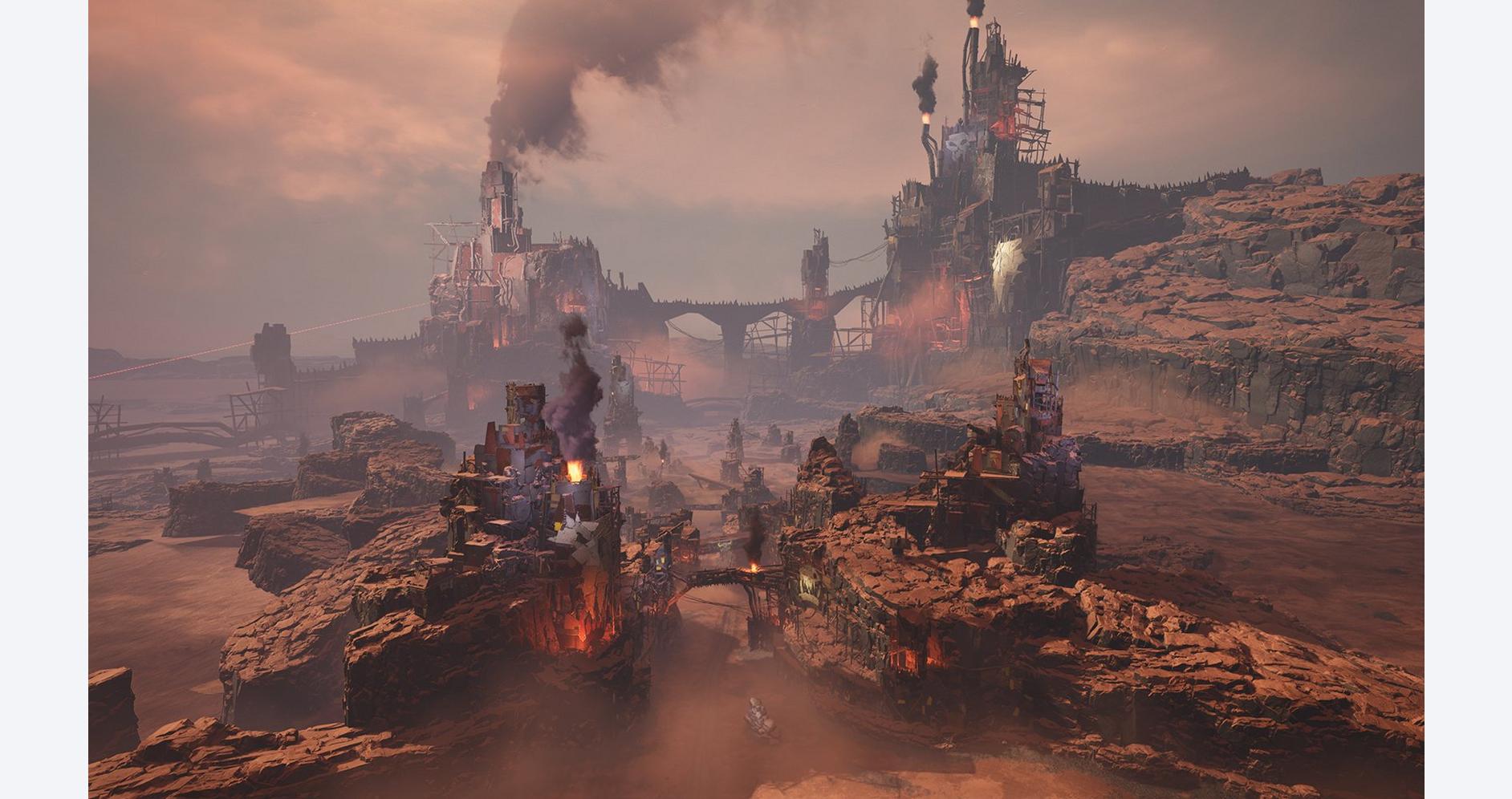 Ancient fortress on volcanic landscape with fiery lava and rugged terrain, showcasing a fantasy game.