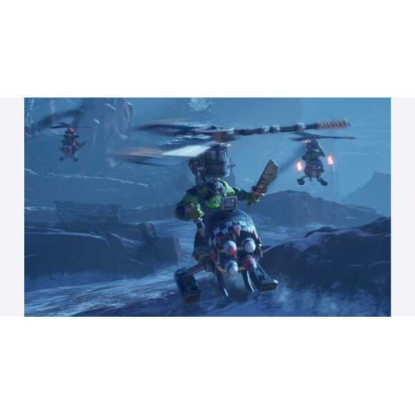 A thrilling scene from a video game featuring a soldier riding a robotic motorcycle in a snowy lands.