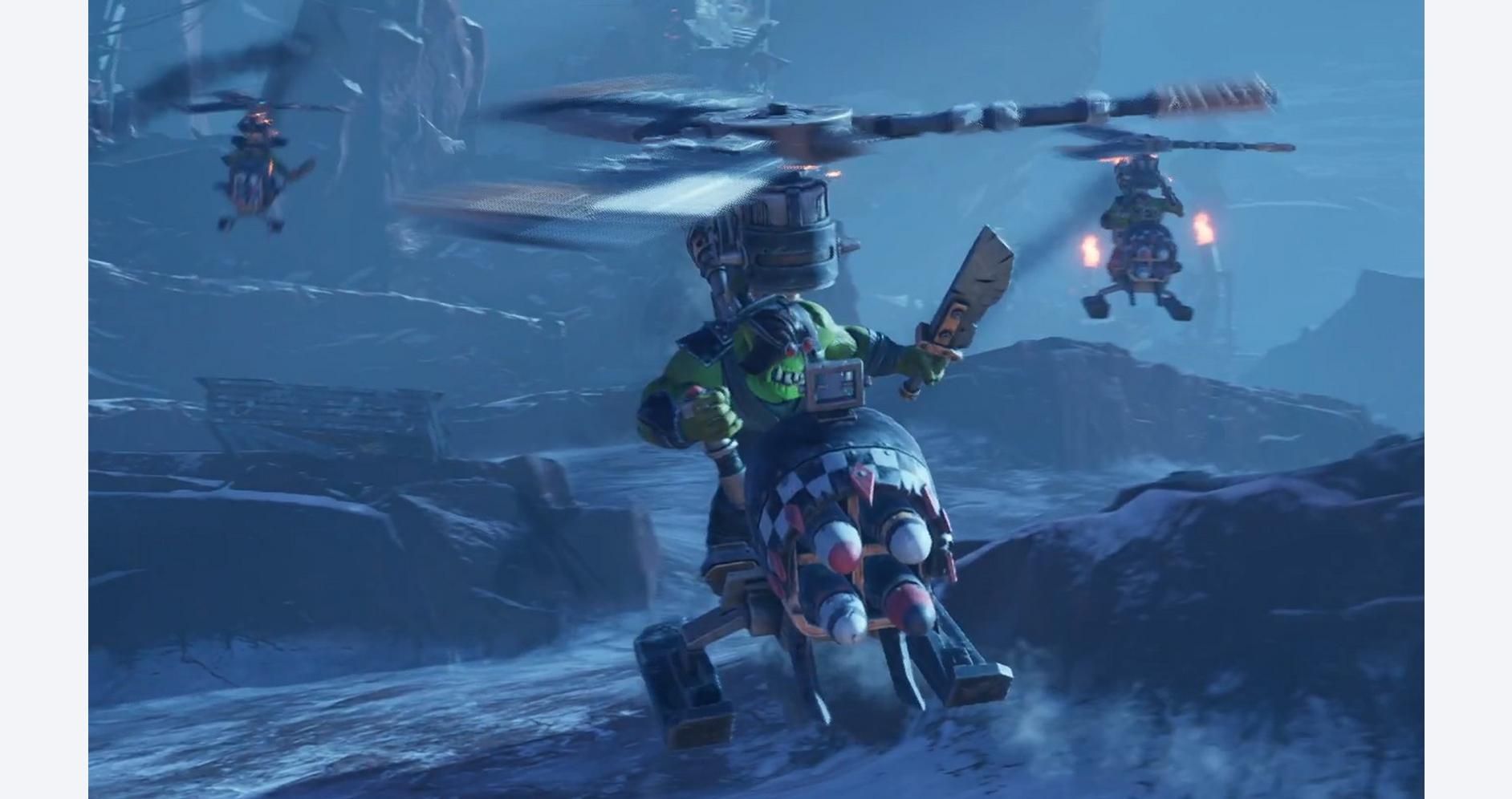 A thrilling scene from a video game featuring a soldier riding a robotic motorcycle in a snowy lands.