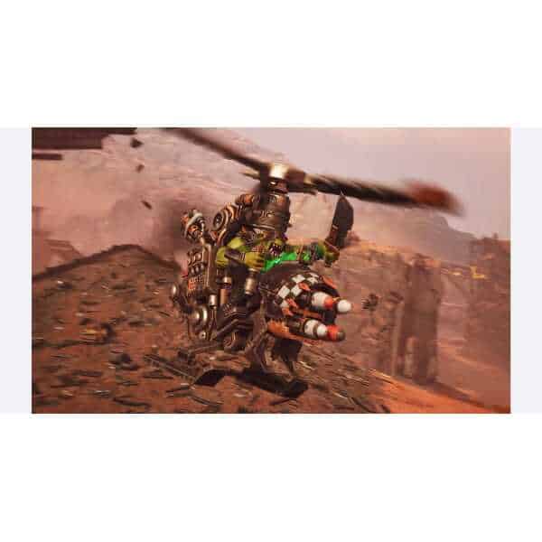 Futuristic combat helicopter with missile launchers in a desert battlefield.