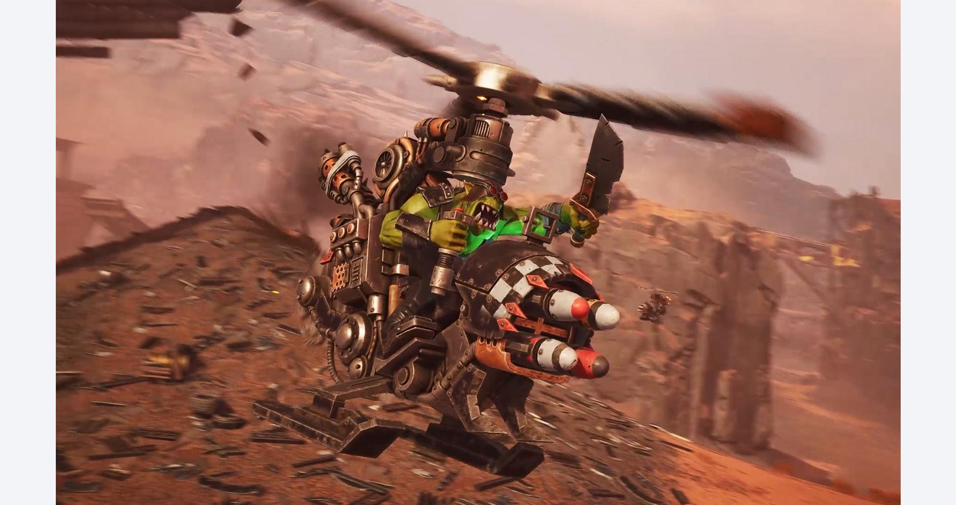 Futuristic combat helicopter with missile launchers in a desert battlefield.