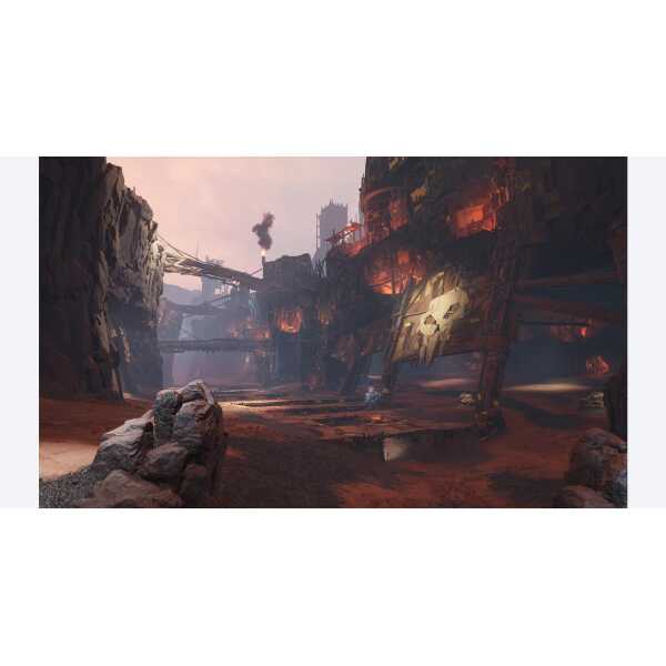 A lush, post-apocalyptic game environment with rugged terrain and industrial ruins.