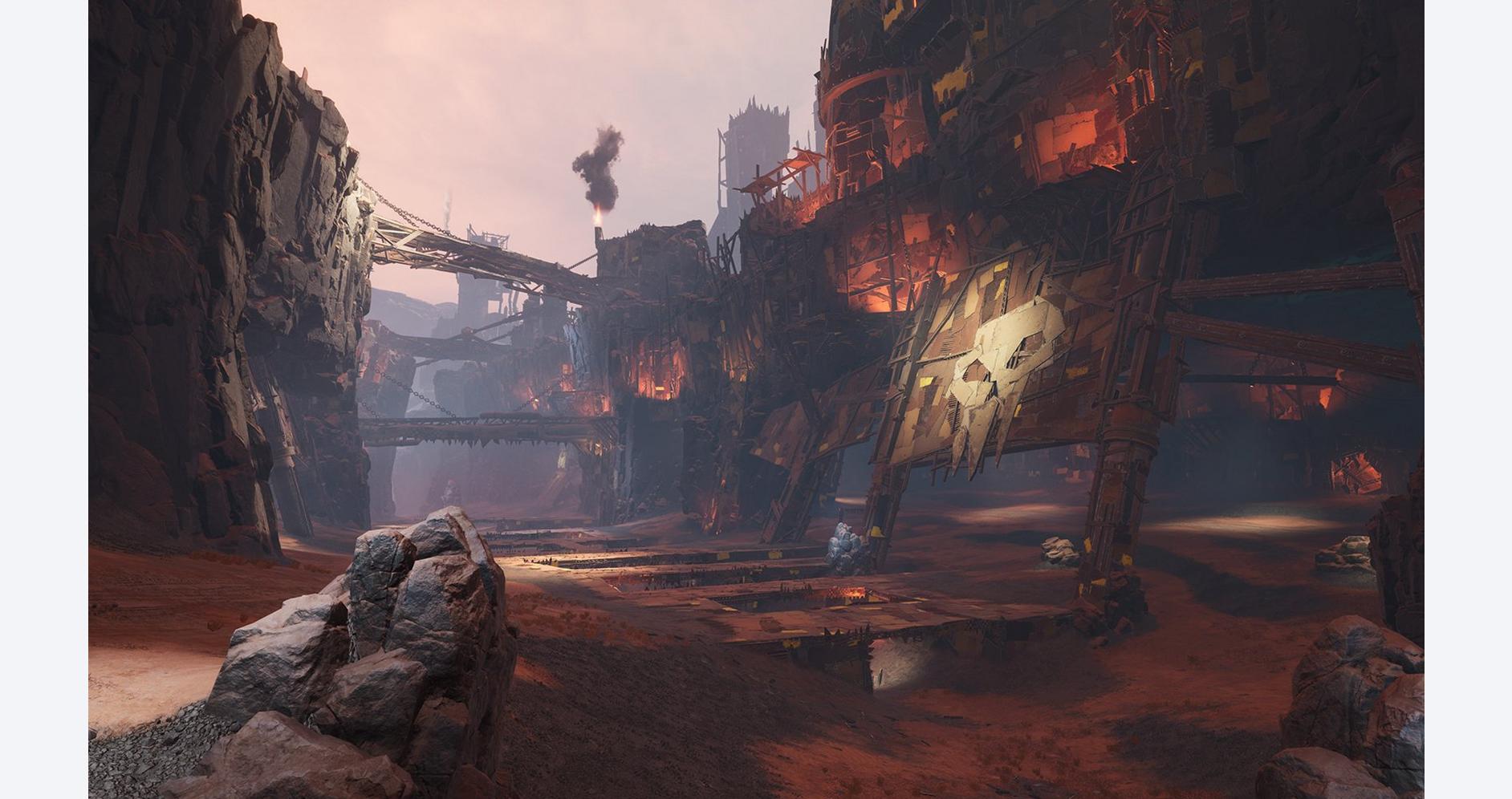 A lush, post-apocalyptic game environment with rugged terrain and industrial ruins.
