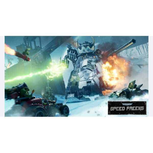 Epic battle scene with mechs and vehicles in a snowy forest, from Speed Freaks gameware.