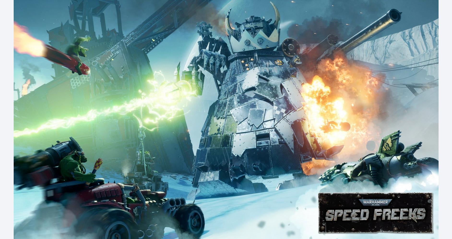 Epic battle scene with mechs and vehicles in a snowy forest, from Speed Freaks gameware.