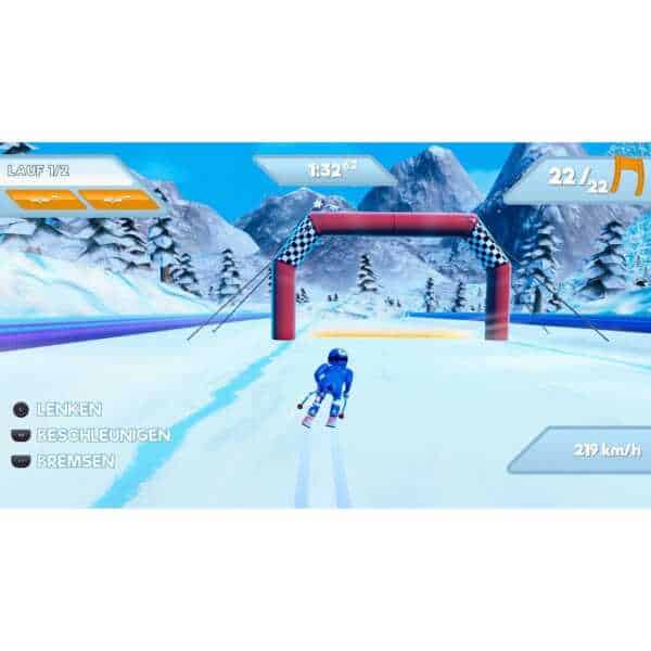 Glacier ski racing game with snowy mountain backdrop and dynamic gameplay.