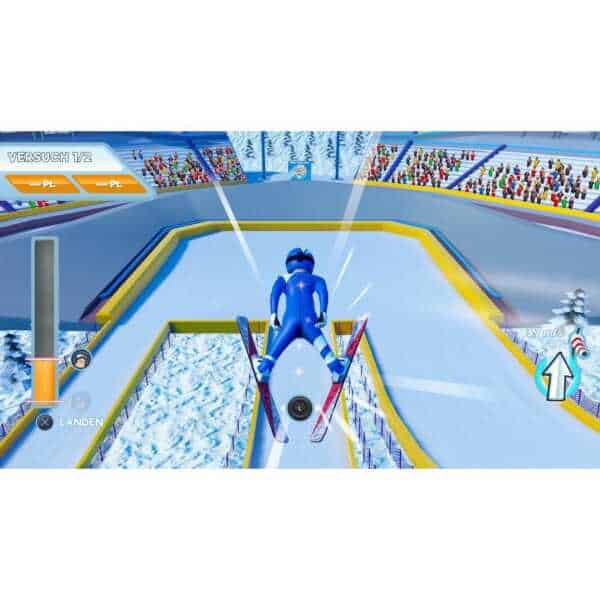Winter sports game featuring ski jumping and snowboarding on an icy course.