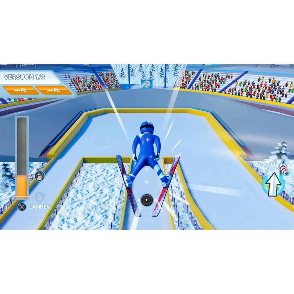 Winter sports game featuring ski jumping and snowboarding on an icy course.