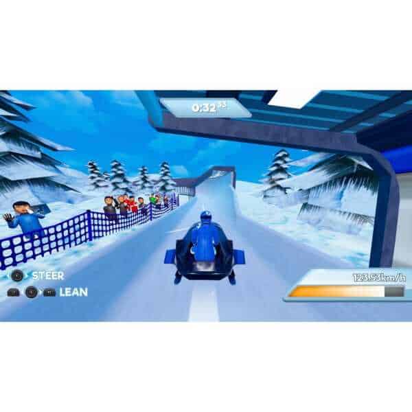 Sled racing game on snowy track with spectators, digital speed display, and winter scenery.