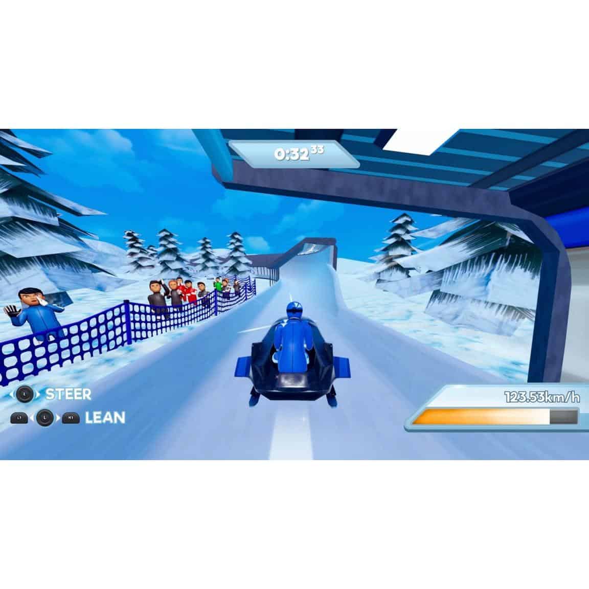 Sled racing game on snowy track with spectators, digital speed display, and winter scenery.