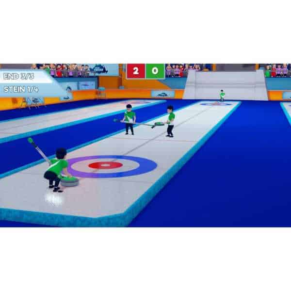 Bright indoor curling game at Gameware, featuring kids playing on an ice rink with colorful surround.