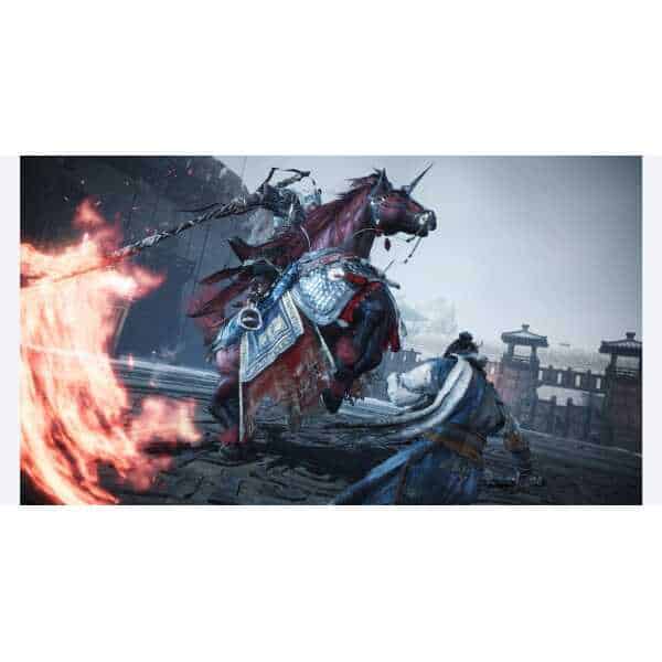 Epic battle scene from Wo Long: Fallen Dynasty with warriors and fiery effects.