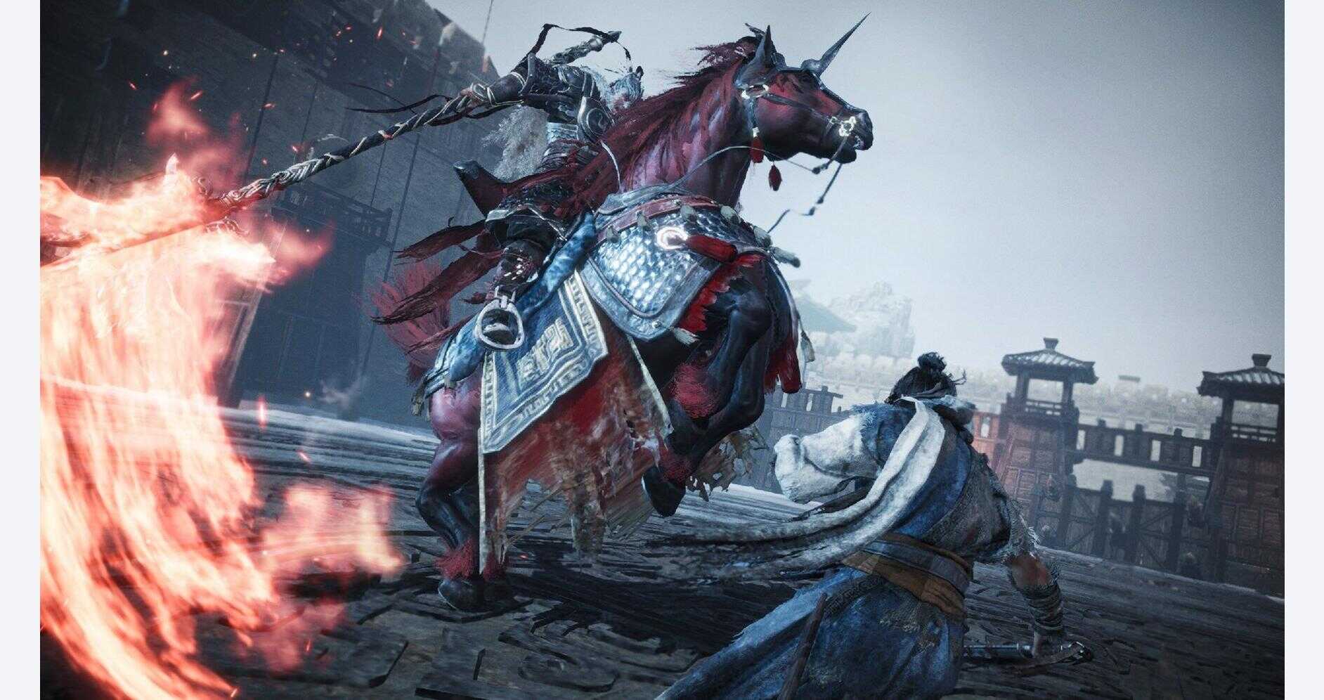 Epic battle scene from Wo Long: Fallen Dynasty with warriors and fiery effects.