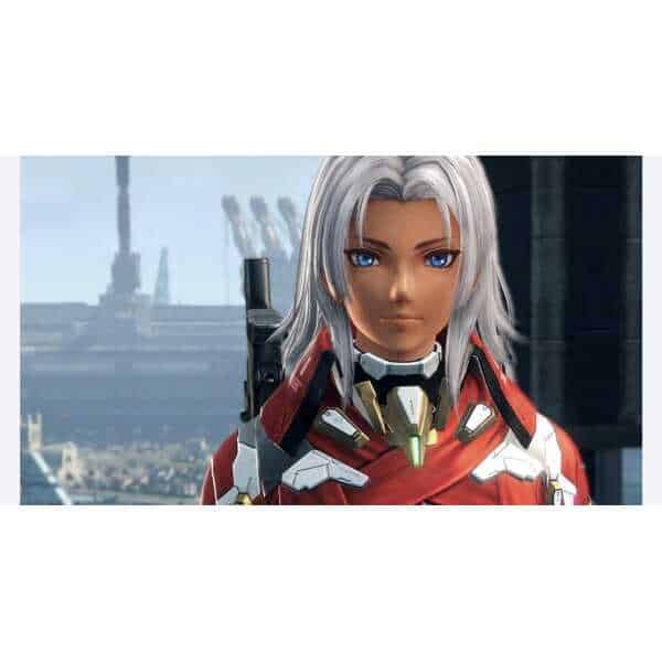Heroine from Xenoblade Chronicles X in futuristic armor with cityscape background.