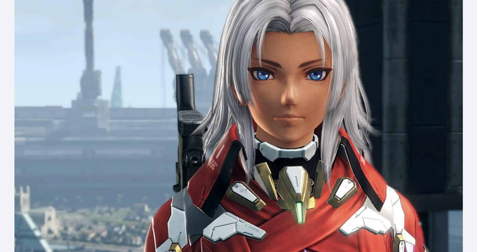 Heroine from Xenoblade Chronicles X in futuristic armor with cityscape background.