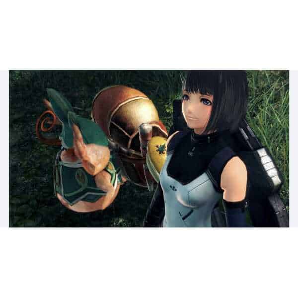 Female character with a small creature in a lush, green environment from Xenoblade Chronicles X.