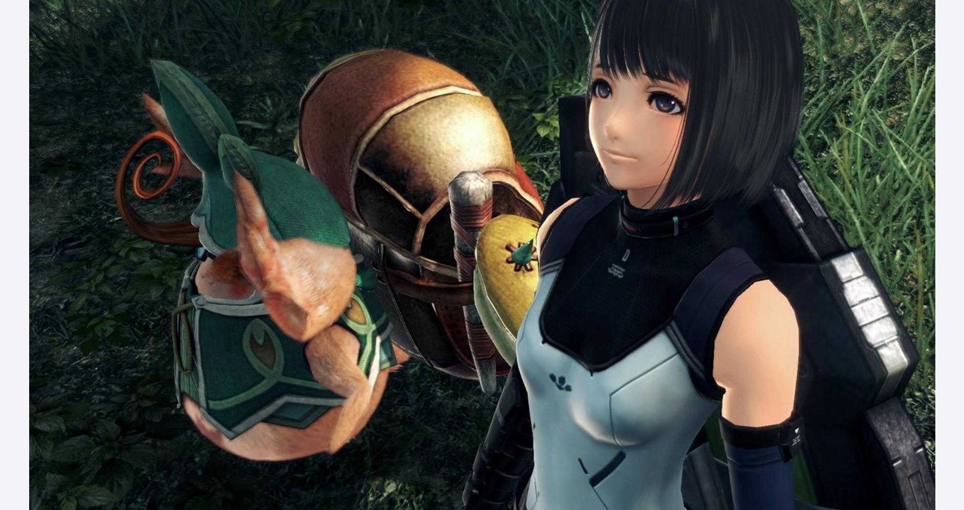 Female character with a small creature in a lush, green environment from Xenoblade Chronicles X.