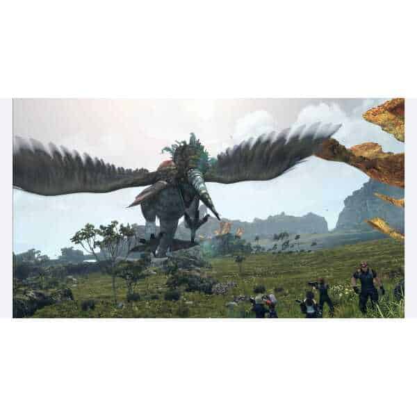 Giant creature with wings and armored body in a lush landscape, soldiers prepare for combat in Xenob.