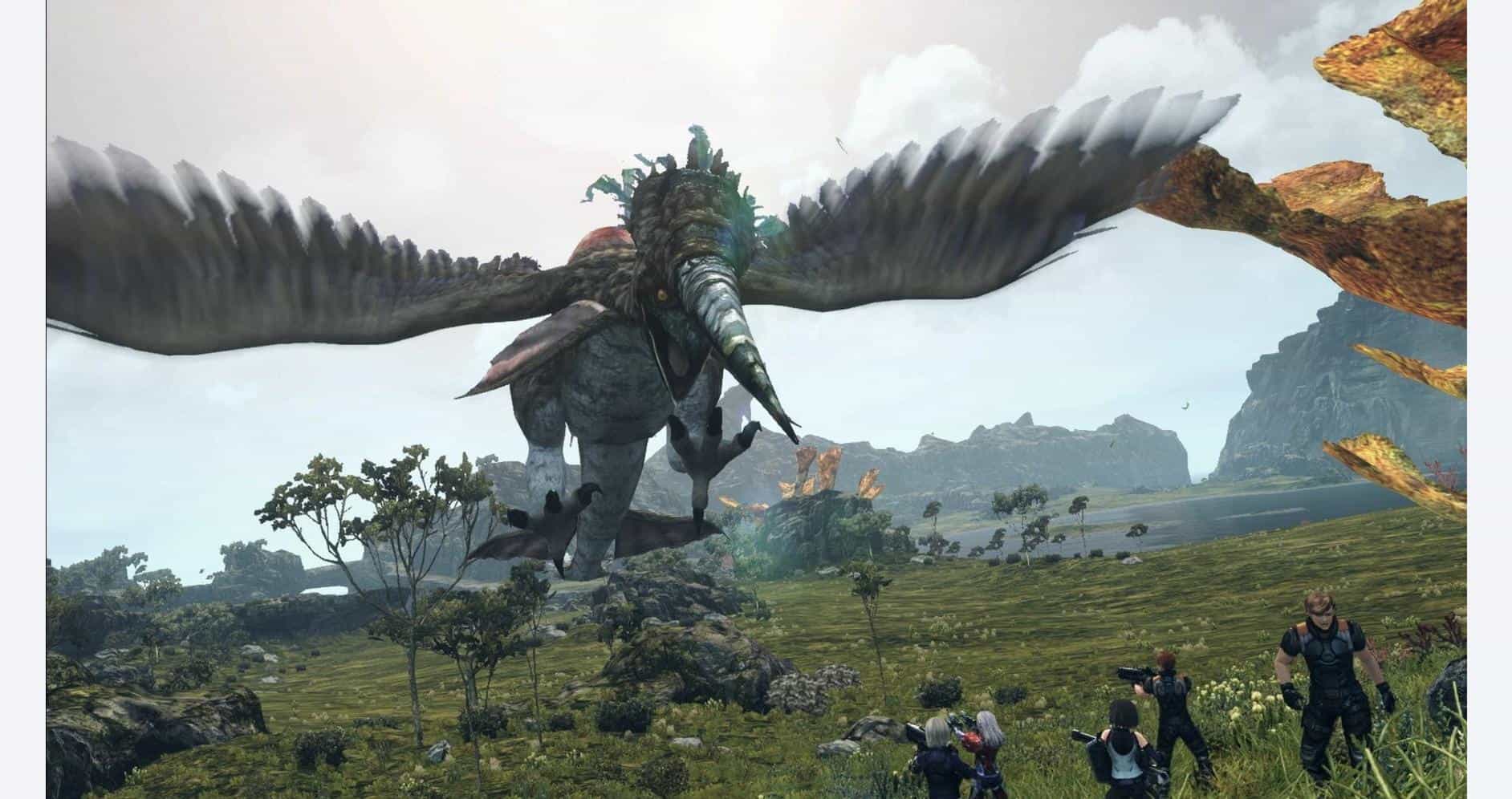 Giant creature with wings and armored body in a lush landscape, soldiers prepare for combat in Xenob.