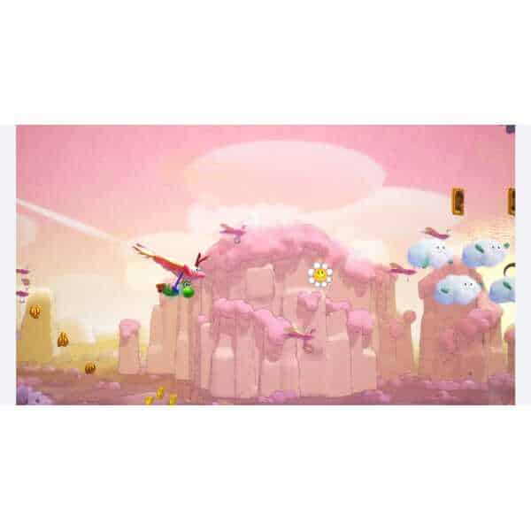 Yoshi exploring a magical pink cloud castle with flying creatures and floating coins.