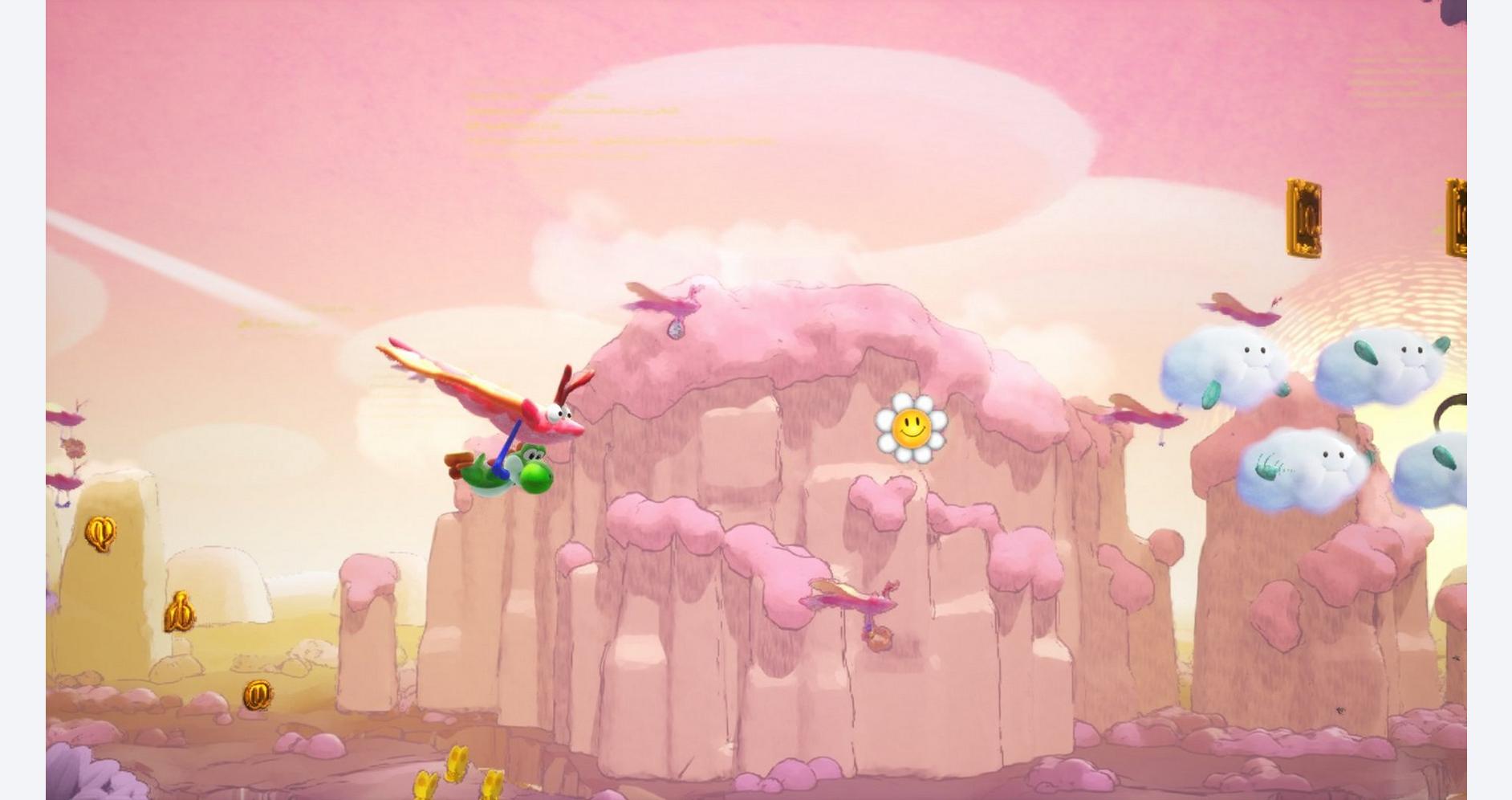 Yoshi exploring a magical pink cloud castle with flying creatures and floating coins.
