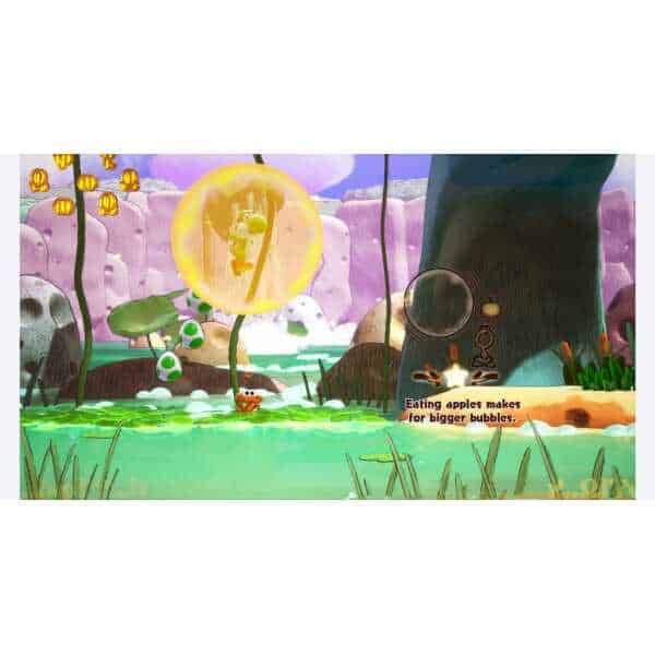 Yoshi exploring a colorful, animated world with floating bubbles and lush scenery.