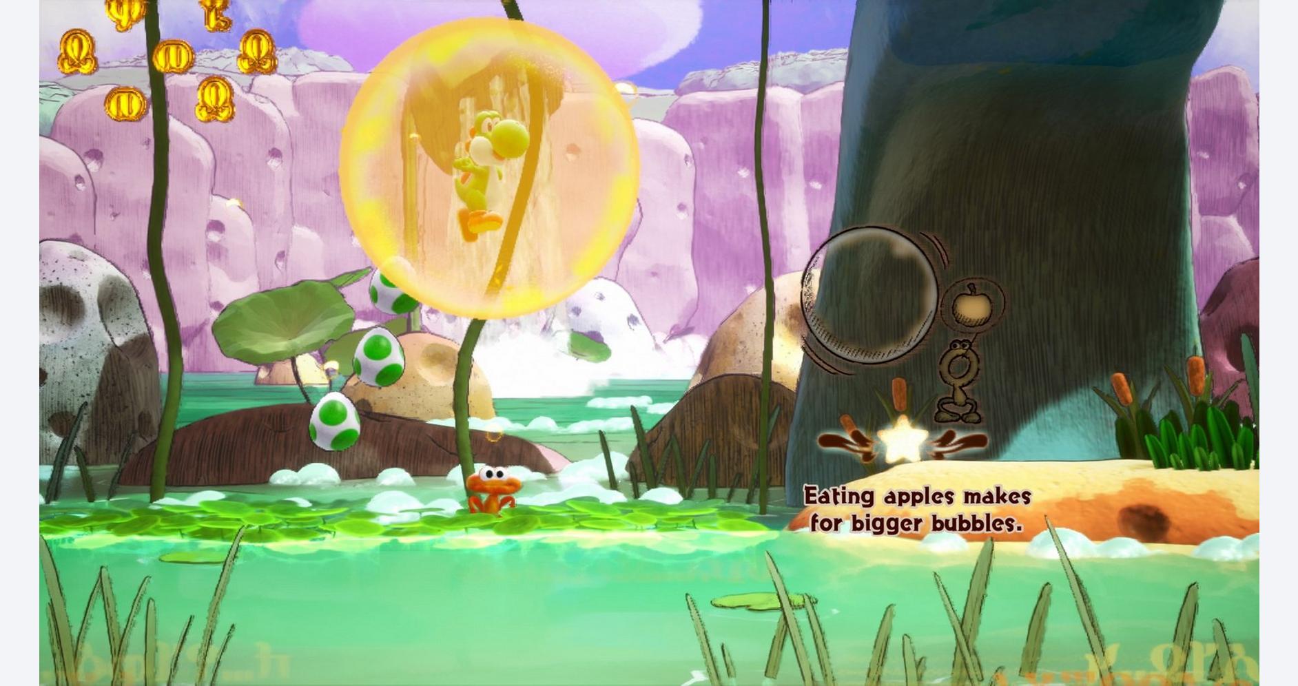 Yoshi exploring a colorful, animated world with floating bubbles and lush scenery.