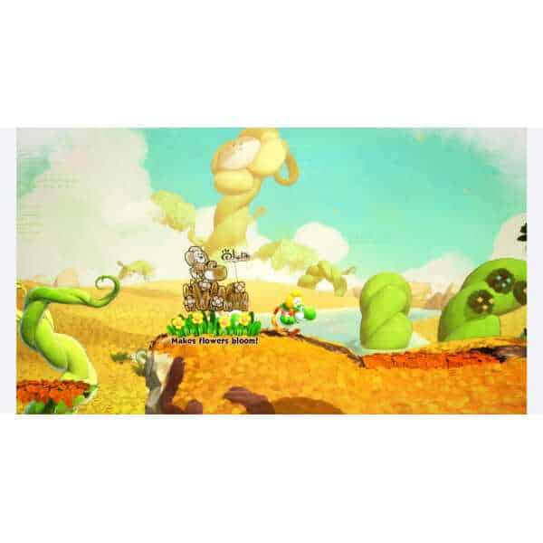 Yoshi exploring a colorful, animated world with a mysterious book nearby.