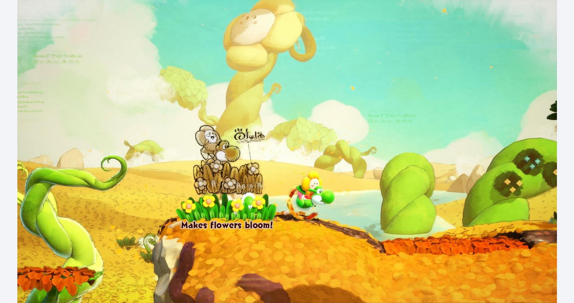 Yoshi exploring a colorful, animated world with a mysterious book nearby.