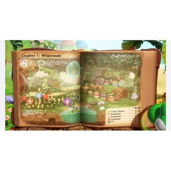 Yoshi exploring a magical, animated book in a vibrant forest scene.